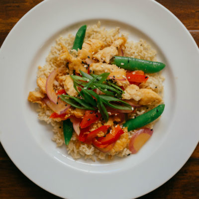 Sweet and Spicy Chicken and Vegetable Stir-Fry over Steamed Rice<br>Delivery September 15-19