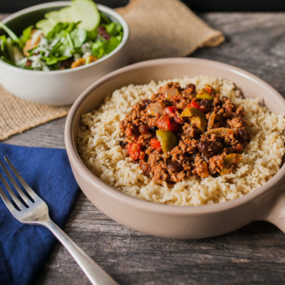 Picadillo over Steamed Rice with Arugula with Manchego, Apples, and Caramelized Walnuts with a Balsamic-Champagne Vinaigrette<br>Delivery October 27-31