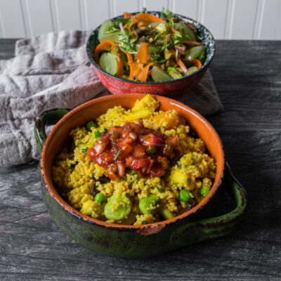 Seven-Vegetable Couscous with Onion Harissa with Frisee and Carrot Ribbon Salad with Grapes and Pistachios with a Za’atar-Lemon Vinaigrette<br>Delivery December 1-5
