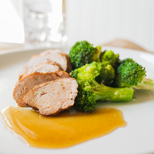 Spiced Pork with Ginger-Maple Sauce with Broccoli Sauté with Garlic and Olive Oil<br>Delivery October 27-31