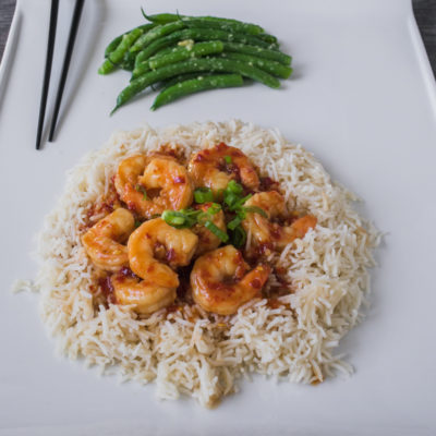 Stir-Fried Shrimp with Orange Sauce over Steamed Rice with Ginger-Garlic Green Beans<br>Delivery September 15-19