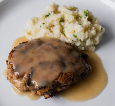 Turkey and Mushroom Meatloaf Steaks with Gravy with Browned Butter-Cauliflower Mash<br>Delivery December 8-12