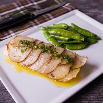 Potato-Crusted Tilapia with Chive-Rosemary Oil with Roasted Sugar Snap Peas with Chives<br>Delivery December 30-January 3