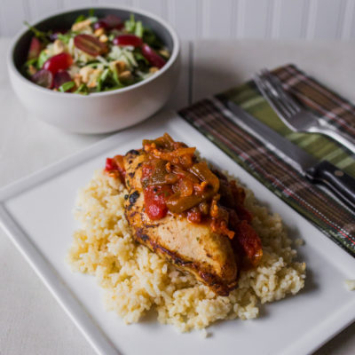 Spanish-Style Spicy Chicken and Rice with Arugula with Grapes, Manchego and Marcona Almonds with a Sherry-Balsamic Vinaigrette <br>Delivery January 13-17