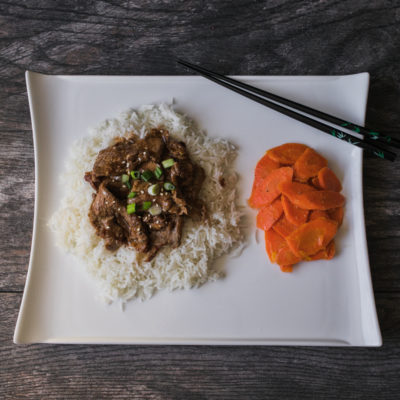 Tangerine Beef over Steamed Rice with Ginger-Honey-Glazed Carrots<br>Delivery December 30-January 3