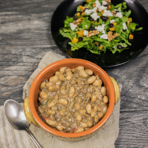 White Bean and Turkey Chili with Mixed Greens with Butternut Squash, Black Beans, Goat Cheese and Walnuts with a Cabernet-Honey-Adobo Vinaigrette <br>Delivery December 30-January 3