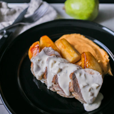 Pork with Caramelized Pears and Pear-Brandy Cream Sauce with Sweet Potato and Parsnip Puree<br>Delivery February 17-21