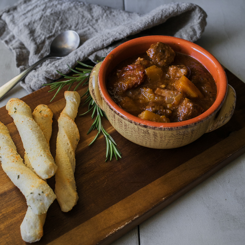 Beef and Butternut Squash Stew with Cheese and Rosemary Breadsticks<br>Delivery February 3-7