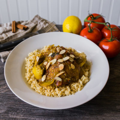 Moroccan-Style Chicken Tagine with Eggplant, Tomatoes and Almonds over Couscous<br>Delivery February 17-21