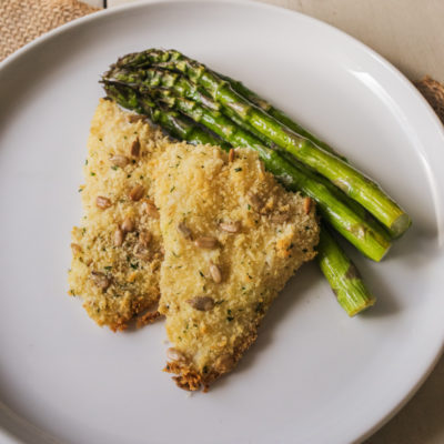 Sunflower Seed-Crusted Orange Roughy with Asparagus with Lemon Vinaigrette<br>Delivery April 7-11