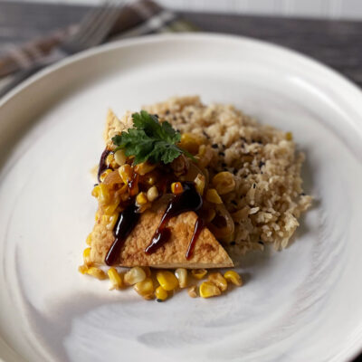 Corn and Pan-Seared Tofu Stir-Fry with Sesame Rice<br>Delivery April 14-18