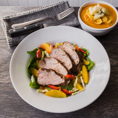 Baby Spinach with Spiced Pork, Oranges, Napa Cabbage, Raisins and Avocado with a Citrus Vinaigrette with Jamaican-Style Carrot Soup  <br>Delivery May 5-9