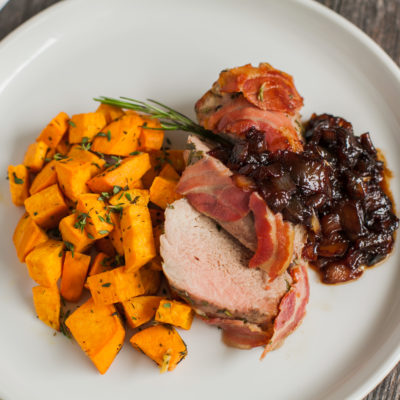 Pork Medallions with Onion Marmalade with Herb-Roasted Sweet Potatoes<br>Delivery April 28 - May 2
