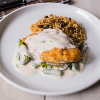 Chicken and Asparagus with Gruyere with Baked Mushroom Rice<br>Delivery May 19-23