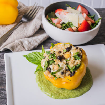 Couscous-Stuffed Bell Peppers with Basil Sauce with Arugula with Strawberries, Marcona Almonds, Peas and Parmesan with a Champagne-Poppy Seed Vinaigrette<br>Delivery June 16-20