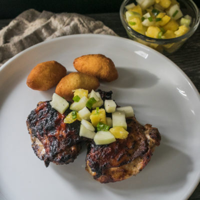 Jamaican Jerk Chicken with Papaya Salsa with Cornbread Fritters<br>Delivery May 26-30