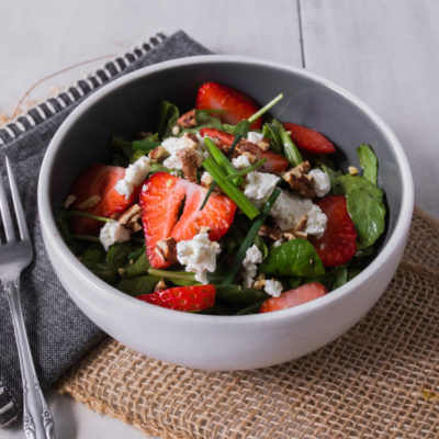 Mixed Greens with Strawberries, Pecans, Goat Cheese and Cabernet-Maple Vinaigrette <br>Delivery June 2-6
