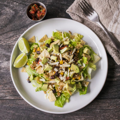 Vegetarian Taco Salad with Rice and Beans with Creamy Roasted Red Red Bell Pepper Soup with Sweet Corn and  Cilantro Cream <br>Delivery May 26-30