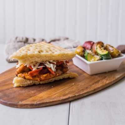Balsamic-Glazed Chicken and Bell Pepper Sandwich with Parmesan-Crusted Zucchini and Potatoes<br>Delivery July 7-11