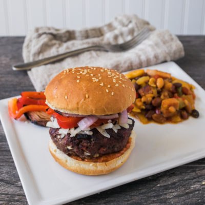 Beef and Sausage Burger with Grilled Onion, Asiago and Sun-Dried Tomato Aioli with Soda Jerk Beans <br>Delivery June 30-July 4