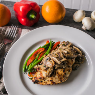 Grilled Chicken with Sauteed Mushrooms with Orange-Scented Roasted Green Beans and Bell Peppers <br>Delivery June 9-13