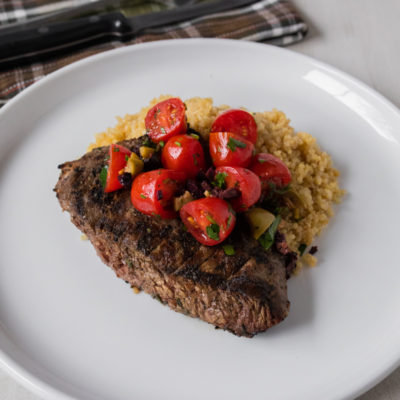 Herb-Crusted Flank Steak with Cherry Tomatoes and Olives with Quinoa with Cabernet-Honey Vinaigrette<br>Delivery June 23-27
