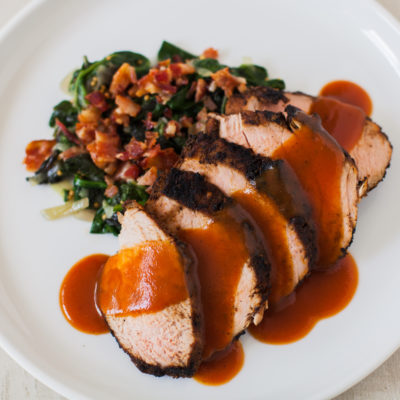 Spice-Rubbed Pork with Mustard Barbecue Sauce with Sauteed Greens with Bacon and Mustard Seeds<br>Delivery June 23-27