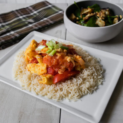 Stir-Fried Egg and Tomato over Steamed Rice with Baby Spinach with Grilled Eggplant, Feta and Pine Nuts<br>Delivery June 23-27
