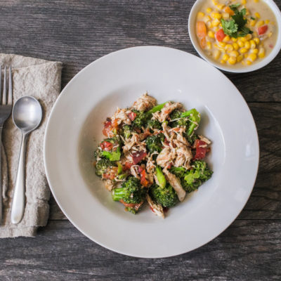 Chicken, Charred Tomato and Broccoli Salad with Spicy Corn Chowder<br>Delivery July 21-25