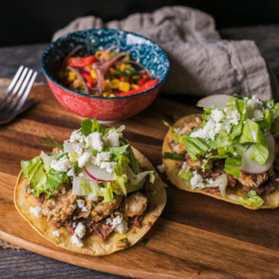 Chicken Tostada with Beans, Radishes, Avocado and Cotija with Roasted Corn and Red Pepper Salad<br>Delivery July 14-18