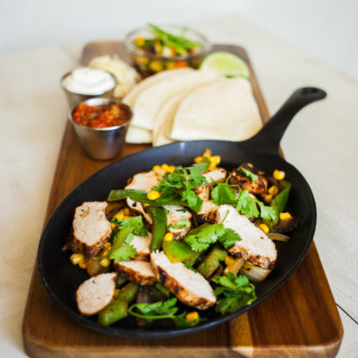 Chicken and Corn Fajitas with Black Bean, Jicama and Corn Salad with Citrus Dressing<br>Delivery August 25-29