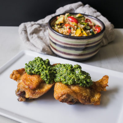Chicken with Salsa Verde with Israeli Couscous Salad with Grilled Vegetables<br>Delivery July 21-25