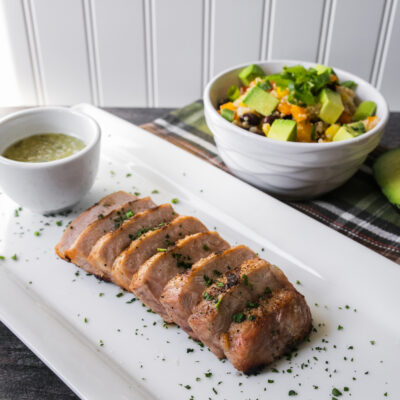 Pork with Garlic-Lime Sauce with Black Bean and Tomato Quinoa with Corn and Bell Pepper<br>Delivery July 14-18