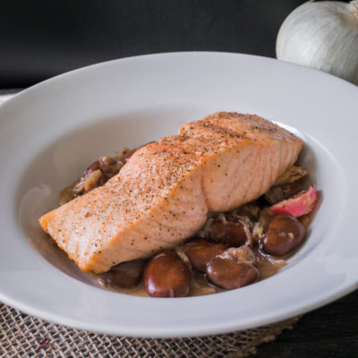 Salmon with Onions, Rhubarb and Fava Beans<br>Delivery July 21-25