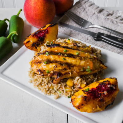 Spicy Peach-Glazed Chicken with Sweet Tea Rice with Peaches, Pecans and Jalapeno<br>Delivery August 11-15