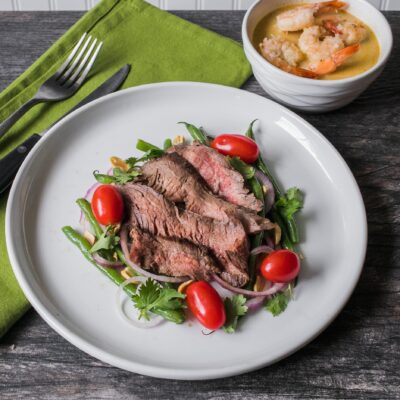 Steak Salad with Green Beans and Citrus Vinaigrette with Carrot-Ginger Soup with Coconut-Roasted Shrimp<br>Delivery July 14-18