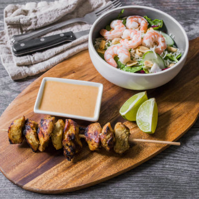 Grilled Thai-Curry Chicken Skewers with Coconut-Peanut Sauce with Mixed Greens with Warm Jasmine Rice, Shrimp and Thai-Style Herbs<br>Delivery September 1-5