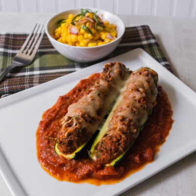 Beef-Stuffed Zucchini with Fresh Corn Salad<br>Delivery August 18-22