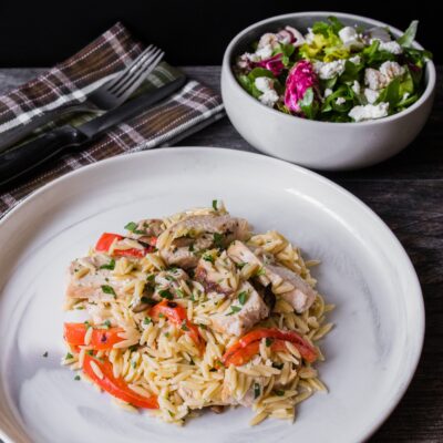 Chicken with Orzo, Red Bell Pepper and Shiitake with Mixed Greens with Goat Cheese and Candied Almonds with an Apple Cider Vinaigrette<br>Delivery September 8-12