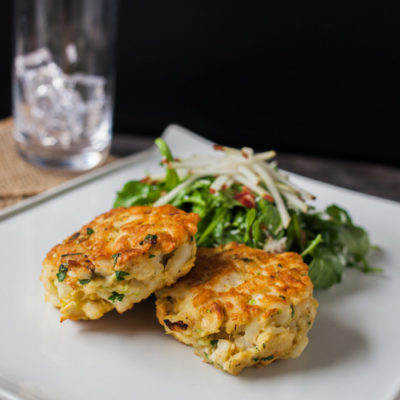Cod Croquettes with Arugula with Pears, Pancetta and Ricotta Salata with a Champagne-Honey Vinaigrette<br>Delivery September 8-12
