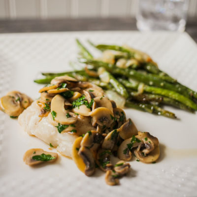 Cod with Mushrooms, Garlic and Vermouth with Roasted Green Beans<br>Delivery September 15-19