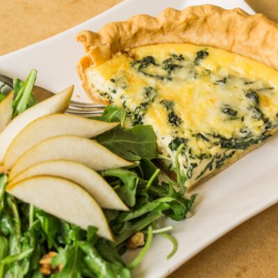 Classic French Spinach-Gruyere Quiche with Arugula and Pear Salad with Sherry Vinaigrette<br>Delivery September 15-19