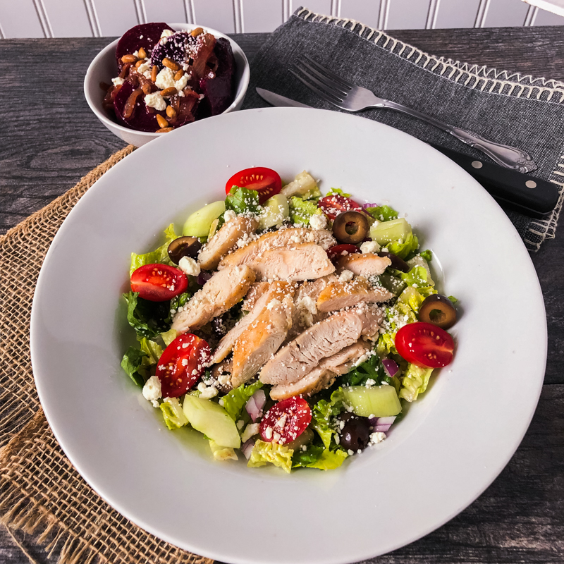 Greek-Style Chopped Chicken Salad with Roasted Beets with Caramelized Onion, Feta and Pine Nuts<br>Delivery August 25-29