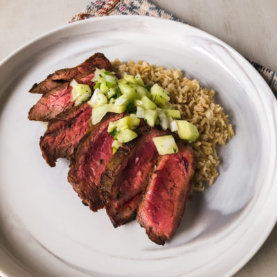 Lime-Curry-Rubbed Steak with Melon-Cucumber Chutney with Coconut-Cashew Basmati Rice<br>Delivery August 25-29