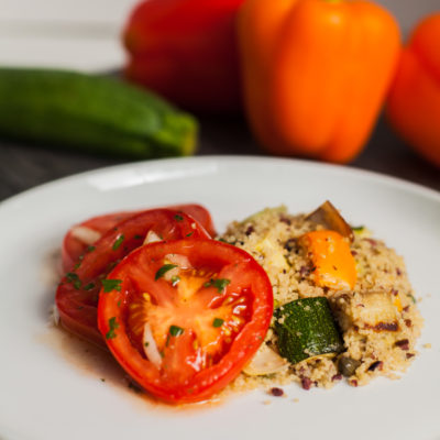 Mediterranean-Style Couscous Salad with Roasted Vegetables with Marinated Tomatoes <br>Delivery August 18-22