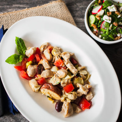 Mediterranean-Style Chicken with Potatoes, Artichokes, Tomatoes and Olives with Herb, Radish and Cucumber Salad with Feta and Walnuts<br>Delivery September 1-5