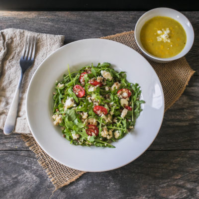 Mediterranean-Style Couscous and Lentil Salad with Greens, Tomatoes and Feta with Summer Squash and Corn Soup with Feta<br>Delivery September 8-12