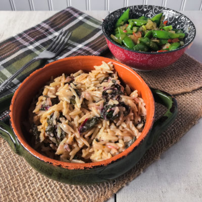 Orzo “Risotto” with Swiss Chard and Fontina with Sugar Snap Peas with Soffrito, Pepper and Mint <br>Delivery September 1-5