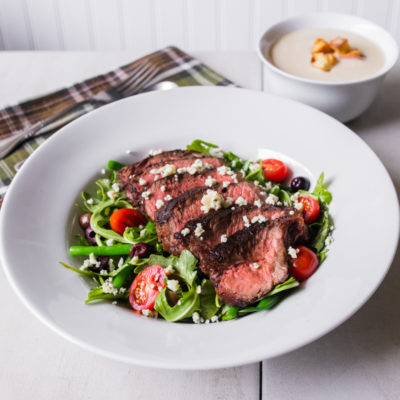 Steak and Arugula with Tomatoes, Kalamata Olives, Green Beans and Blue Cheese with a Balsamic Vinaigrette with Garlic Soup with Croutons<br>Delivery August 25-29