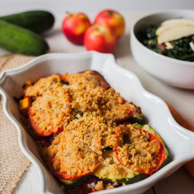 Tomato and Vegetable Casserole with Kale and Apple Salad with Almonds, Dates and Parmesan<br>Delivery September 8-12